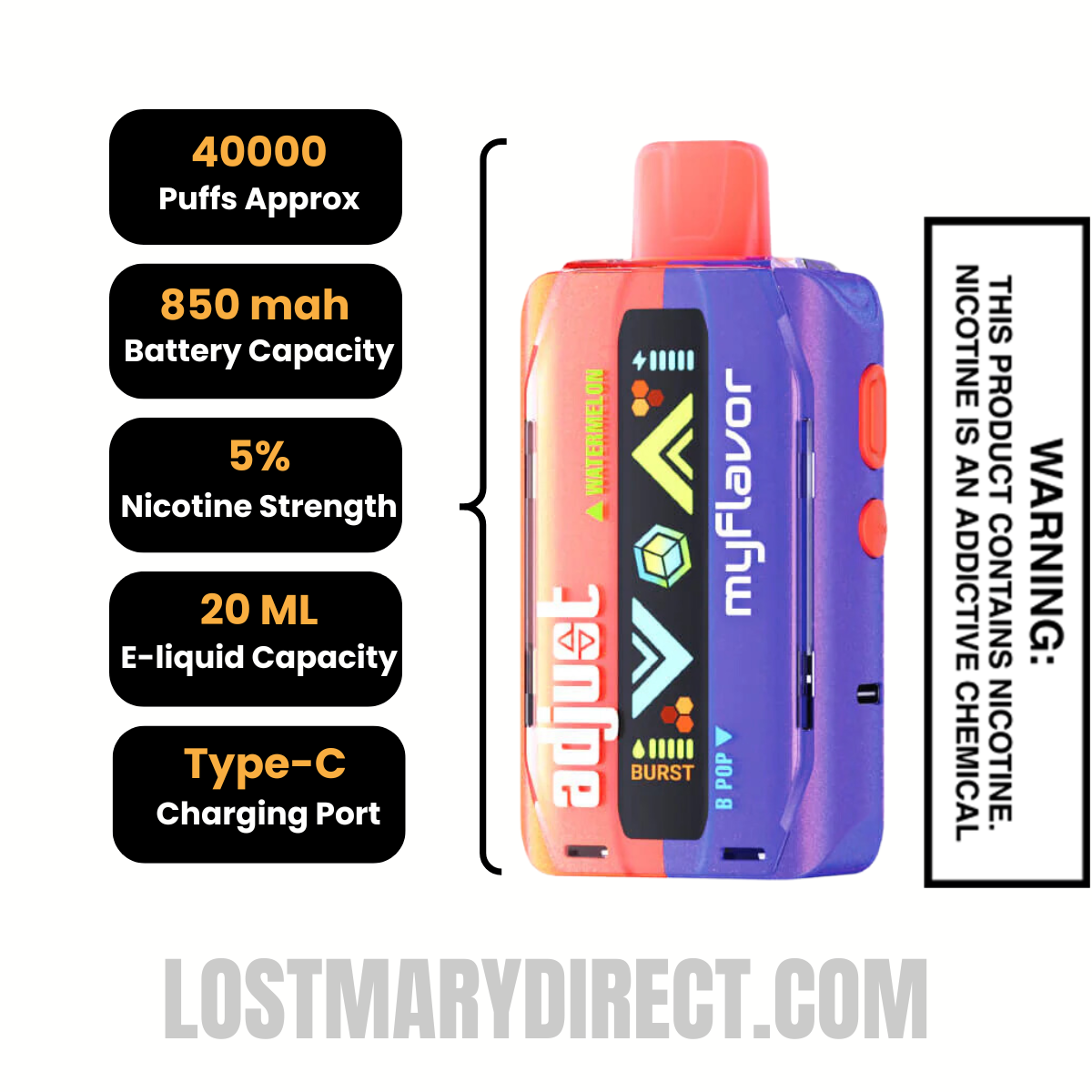 Watermelon B-Pop Adjust MyFlavor 40K Disposable Vape Specifcations