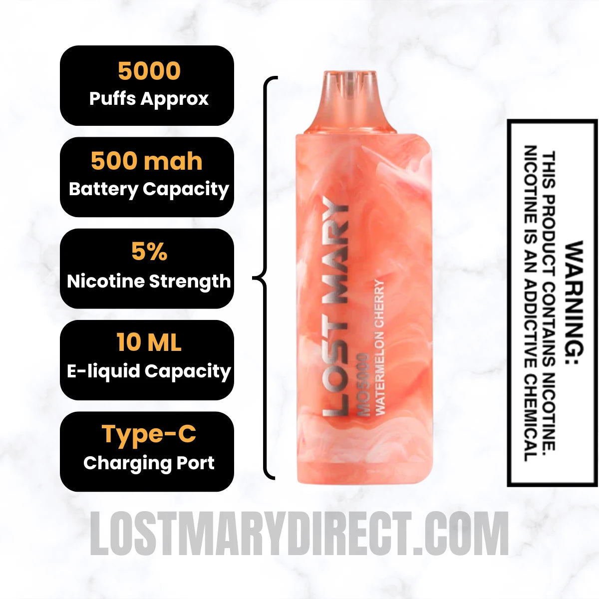 Watermelon Cherry Lost Mary MO5000 Disposable Vape Specifications