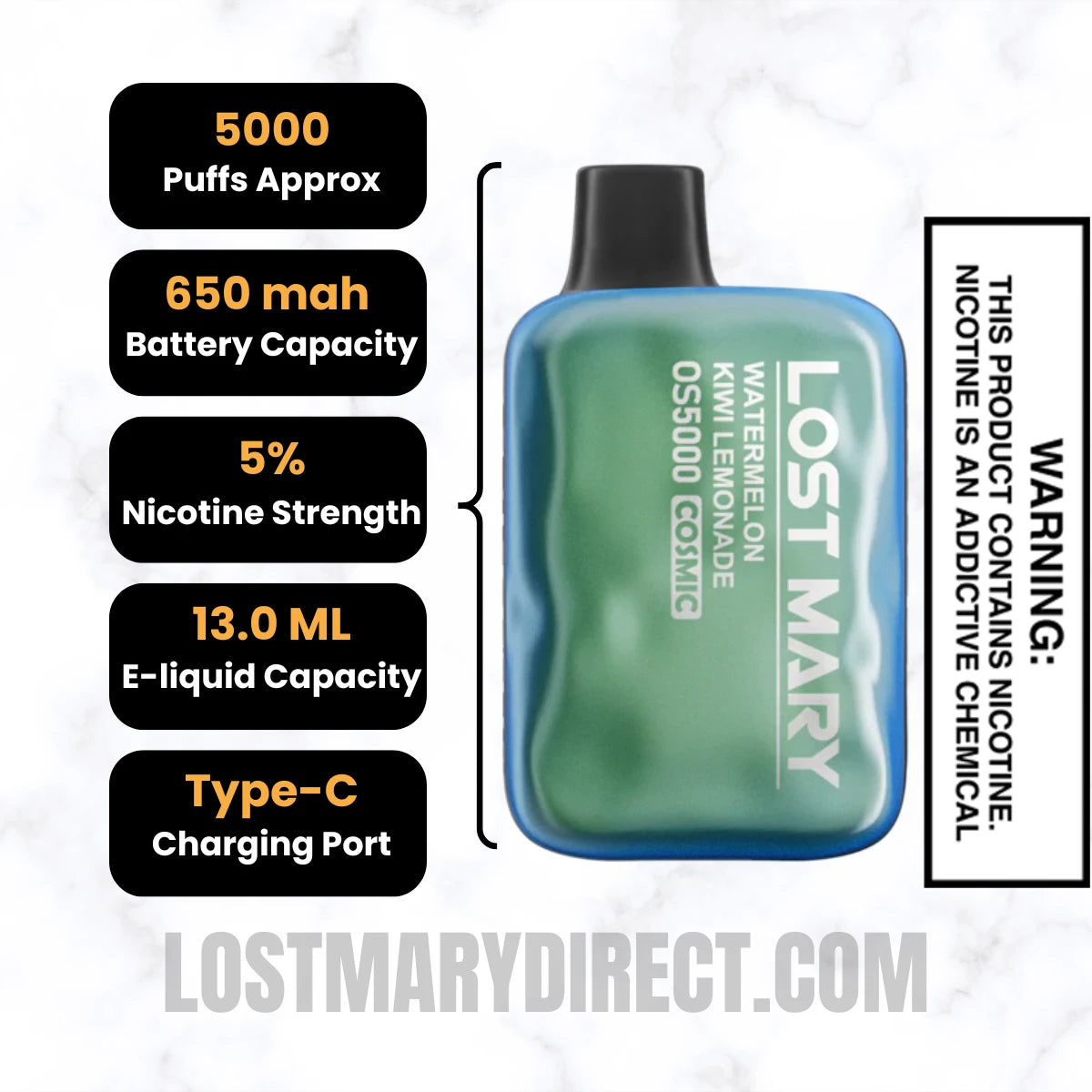 Watermelon Kiwi Lemonade Lost Mary OS5000 Cosmic Edition Vape Specifications