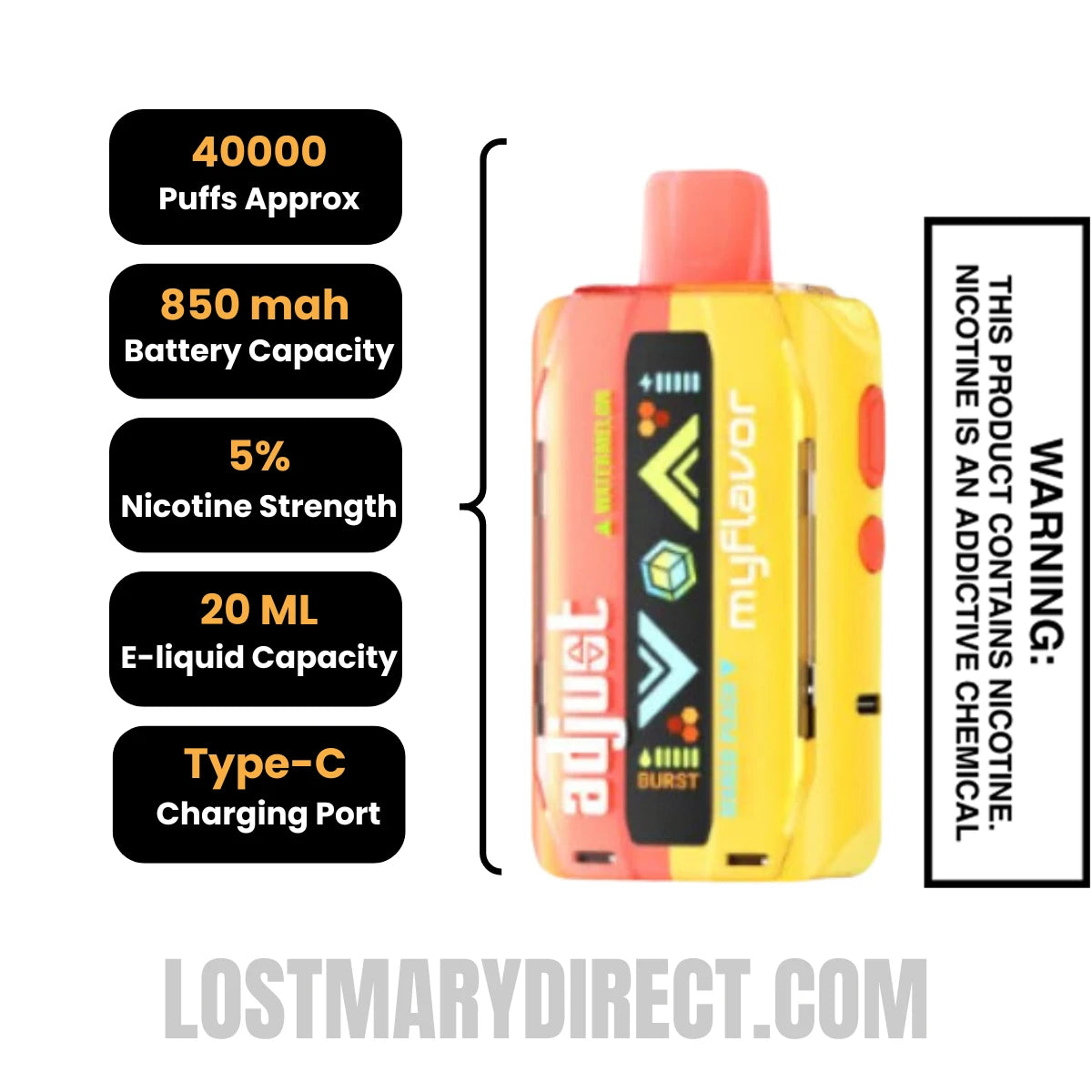 Watermelon Mango Peach Adjust MyFlavor 40K Disposable Vape Specifcations