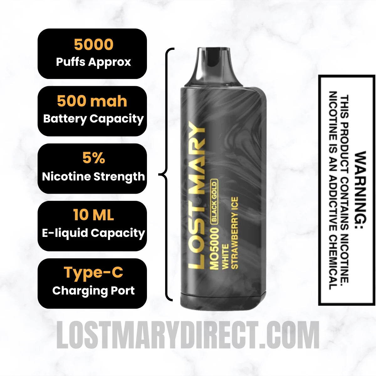 White Strawberry Ice Lost Mary MO5000 Disposable Vape Specifications