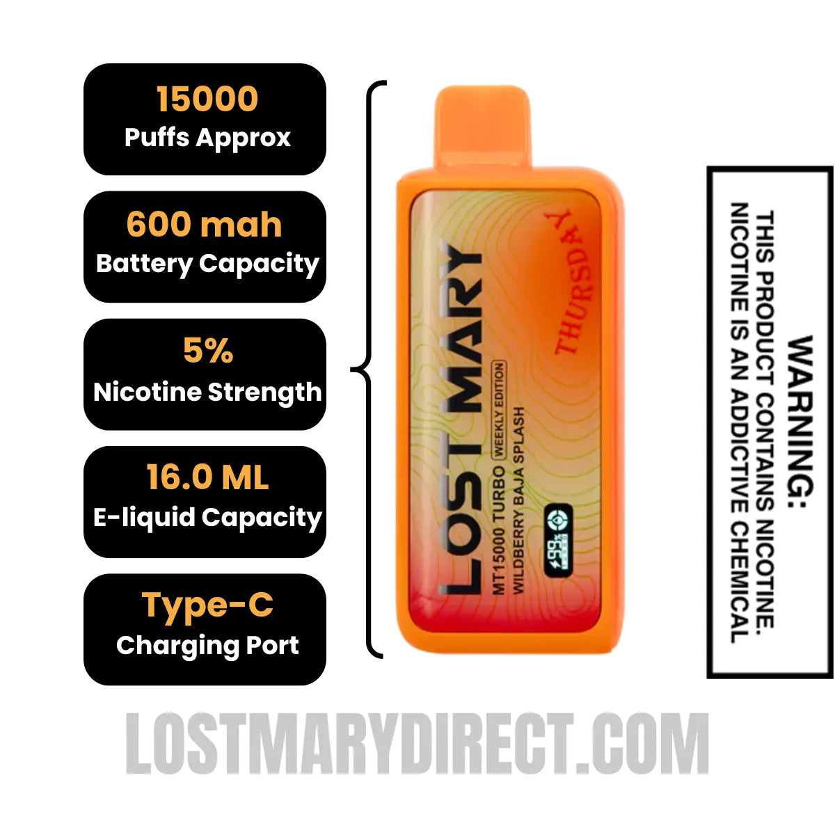 Wildberry Baja Splash Lost Mary MT15000 TURBO (Thursday) Vape Specifications