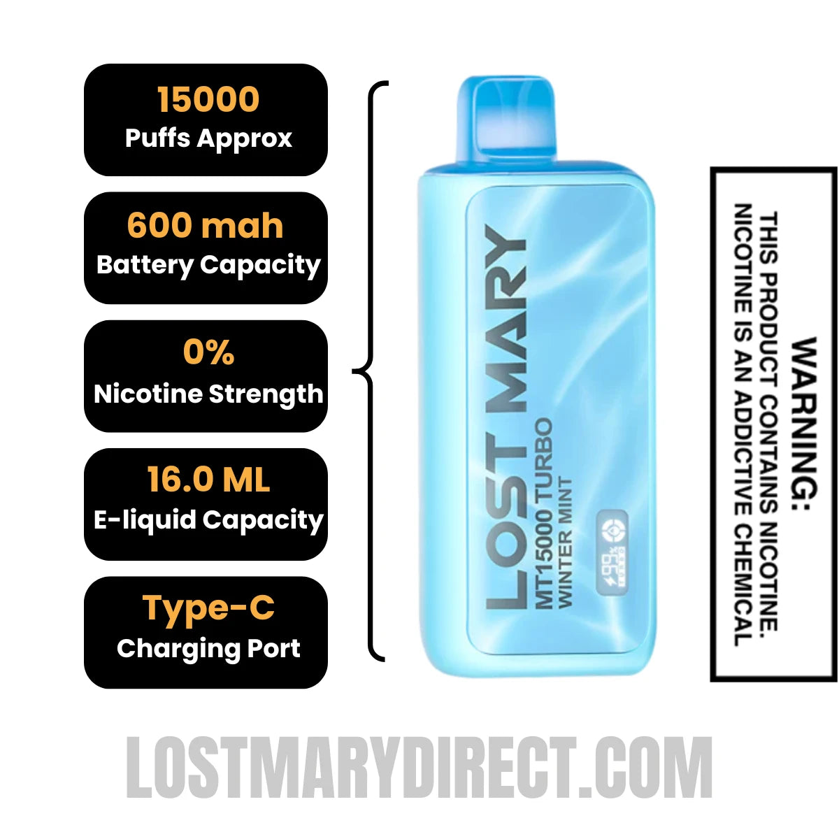 Winter Mint Lost Mary MT15000 Turbo Vape - 0% Nic Specifications